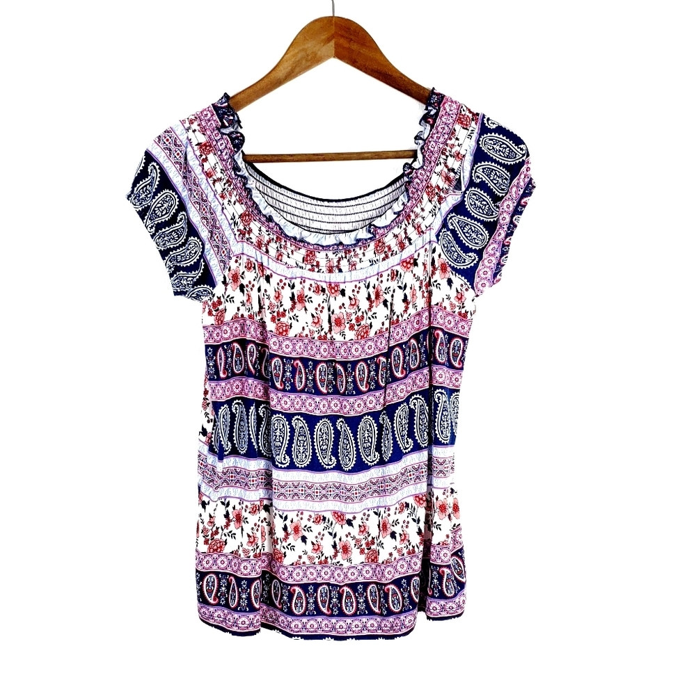 Ultra Flirt Short Sleeve Paisley‎ Print Blouse Top Womens Size Large L Rayon